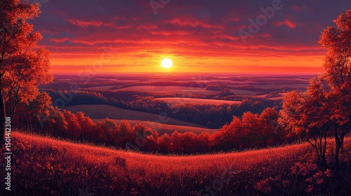 Panoramic rural landscape with sun setting behind distant trees and farmland  
