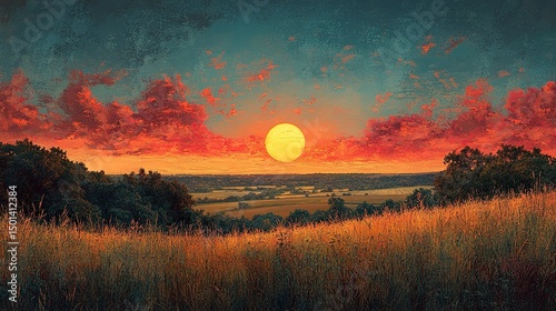 Panoramic rural landscape with sun setting behind distant trees and farmland 