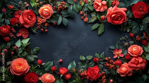 Passion-themed floral border with blooming red roses and empty space for personalized message  