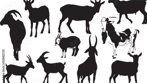 Goat and Sheep Silhouettes: Black and White Graphic Design for Livestock and Farmland Art, Highlighting Rural Life and Dairy Farming in Nature's Pastoral Scene