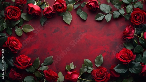 Passion-themed floral border with blooming red roses and empty space for personalized message  