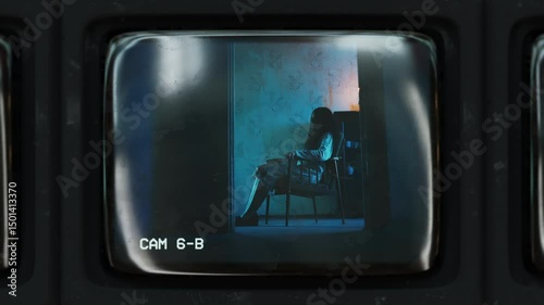 Woman in nightgown sitting on chair, mental ward CCTV feed, eerie horror scene