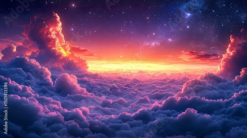 Pastel sky fantasy scene with glowing stars and layered cartoon clouds  