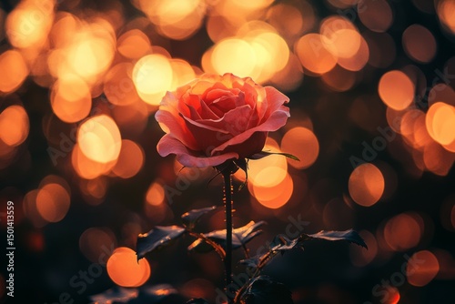 Softly lit orange rose with bokeh lights. Artificial Intelligence image