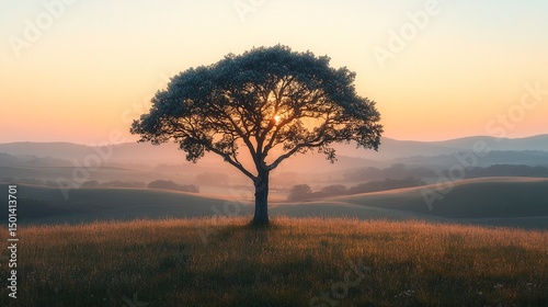 Peaceful countryside scene with single tree and vibrant morning light  