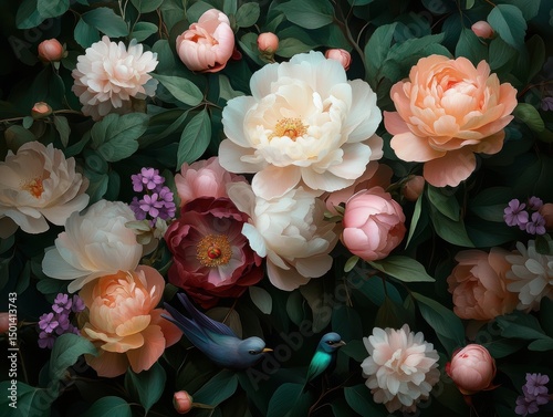 Fototapeta Naklejka Na Ścianę i Meble -  Floral arrangement with peonies and birds