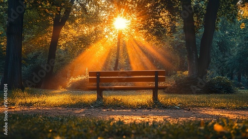 Peaceful evening park scene with glowing orange sky and sun rays 