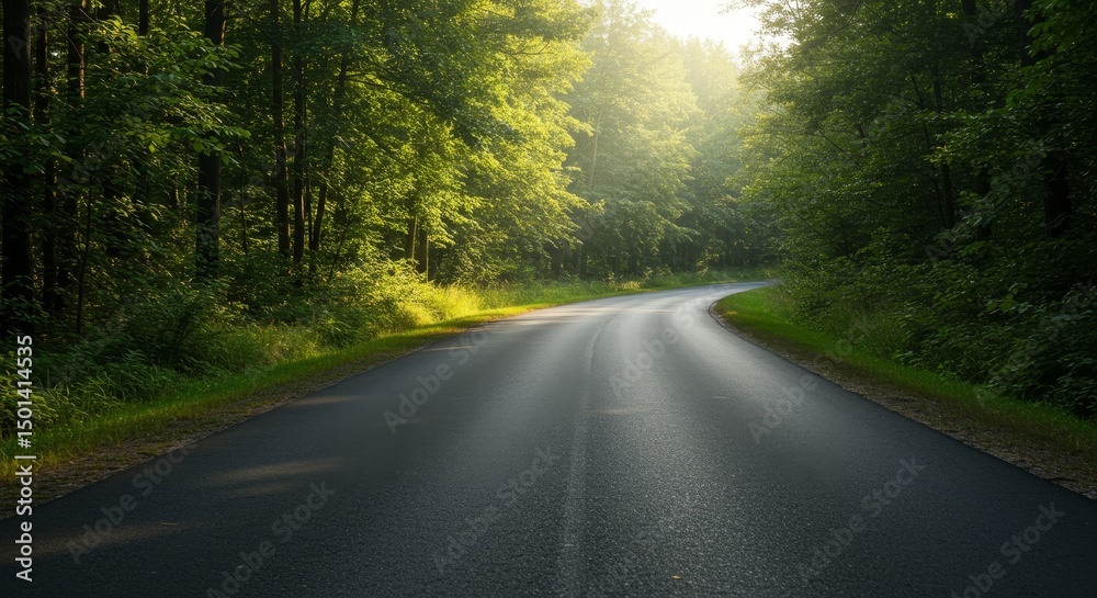 Fototapeta premium Photo of Winding Asphalt Road Through Lush Green Forest with Sunlight