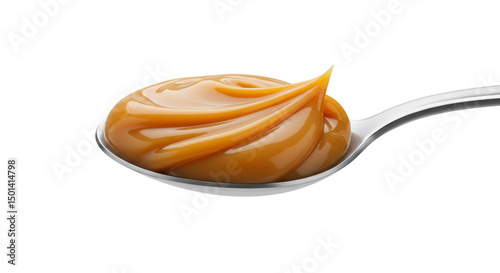 Creamy dulce de leche in a stainless steel spoon, on a white background, detailed close-up