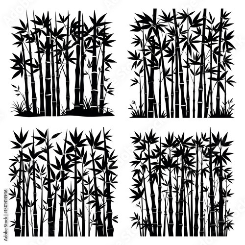 Bamboo grove silhouette illustration with tall trunks and leafy branches in minimal black style
