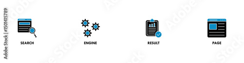 SERP banner web icon vector illustration concept for search engine result page with icon of web search, computer, search engine, mobile search, page result, and statistics graph