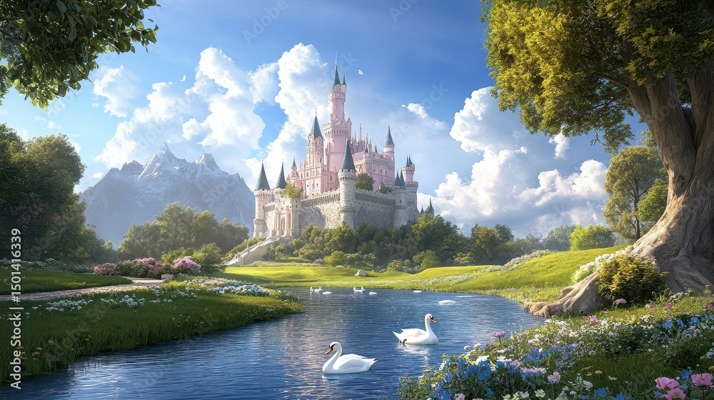 Naklejka premium Castle by lake, swans swimming