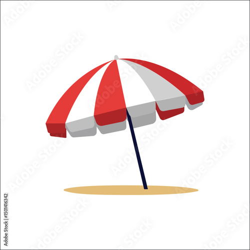 Flat vector icon of a red and white beach umbrella on sandy ground, isolated on white background, symbolizing summer, vacation, holiday, and beach concepts.

