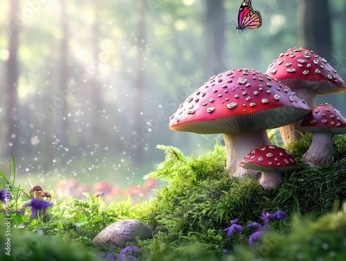 Mushrooms in forest with butterfly