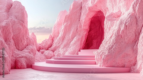 Pink abstract rock formations and podium platform for product presentation, clean minimal design  