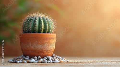 Potted cactus with pebbles in vintage terracotta planter against beige wall 