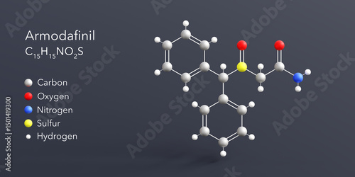 Fototapeta Naklejka Na Ścianę i Meble -  armodafinil molecule 3d rendering, flat molecular structure with chemical formula and atoms color coding