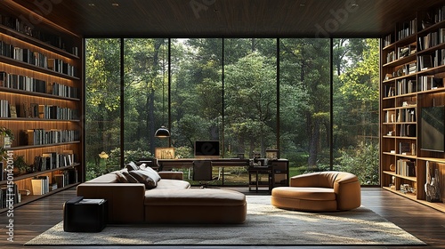 Professional home study room with built-in bookshelves and large floor-to-ceiling windows  