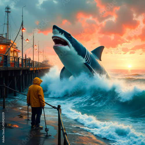 Dramatic sunset with giant shark breaching near pier and onlooker on shore