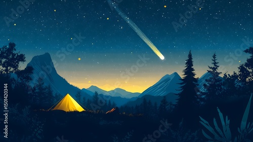 Nighttime camping scene with comet visible over mountain ridge