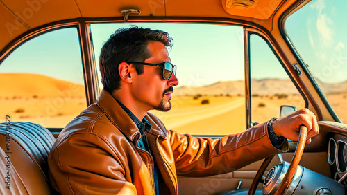 Stylish man driving vintage car through desert landscape on sunny day