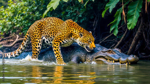 Leopard hunting crocodile in water surrounded by lush greenery