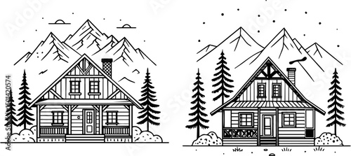 Rustic Mountain Cabin Illustrations Set - Cozy A-Frame Chalet Vector Art