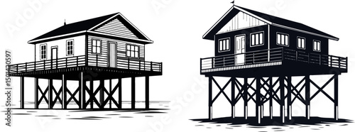 Stilt House Over Water Architectural Vector