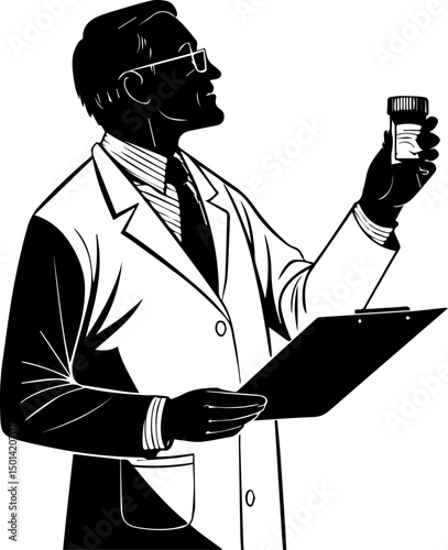 Scientist or Doctor Holding Vial and Clipboard Silhouette
