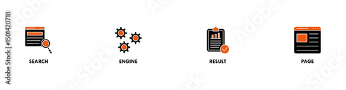 SERP banner web icon vector illustration concept for search engine result page with icon of web search, computer, search engine, mobile search, page result, and statistics graph