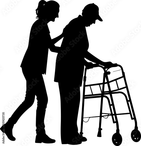 Elderly Person with Walker Assisted by Caregiver Silhouette