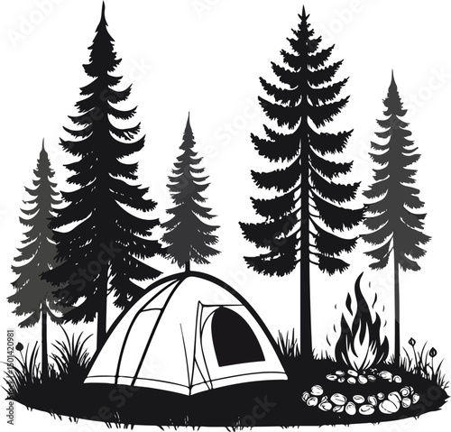 Camping Tent and Campfire in Pine Forest Silhouette - Wilderness Scene