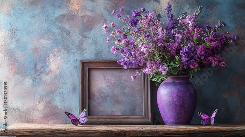Purple-themed birthday still life with fresh flowers, ornate frame, and butterfly decoration on rustic table  