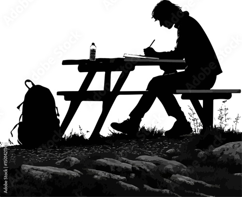 Student Studying Outdoors Silhouette - Focused Learning at Picnic Table