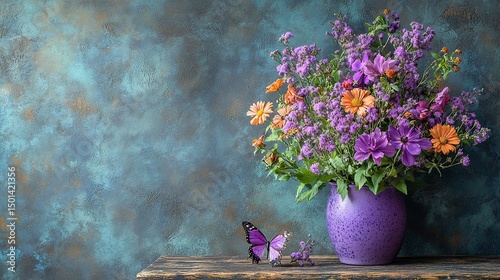 Purple-themed birthday still life with fresh flowers, ornate frame, and butterfly decoration on rustic table  