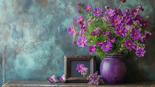 Purple-themed birthday still life with fresh flowers, ornate frame, and butterfly decoration on rustic table  