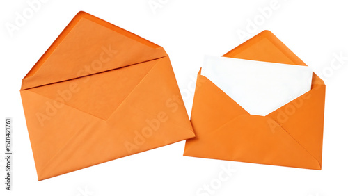 Orange envelopes with blank white paper note on transparent background