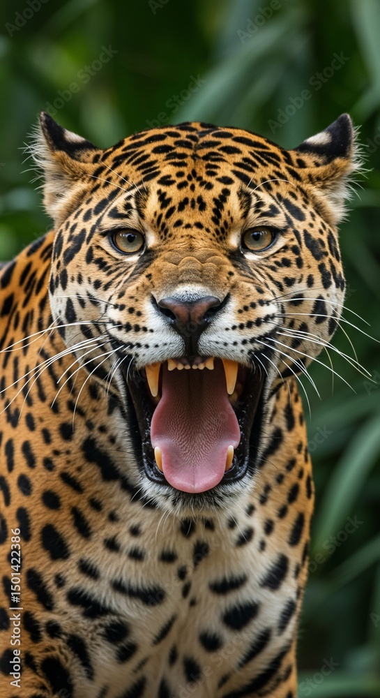 Obraz premium Jaguars powerful roar revealing sharp teeth
