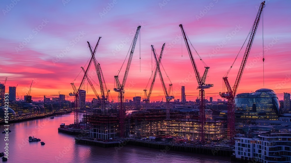 Fototapeta premium Vibrant sunrise over urban construction site