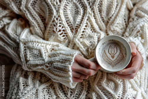 Person in knit sweater holding cup of coffee with foam art