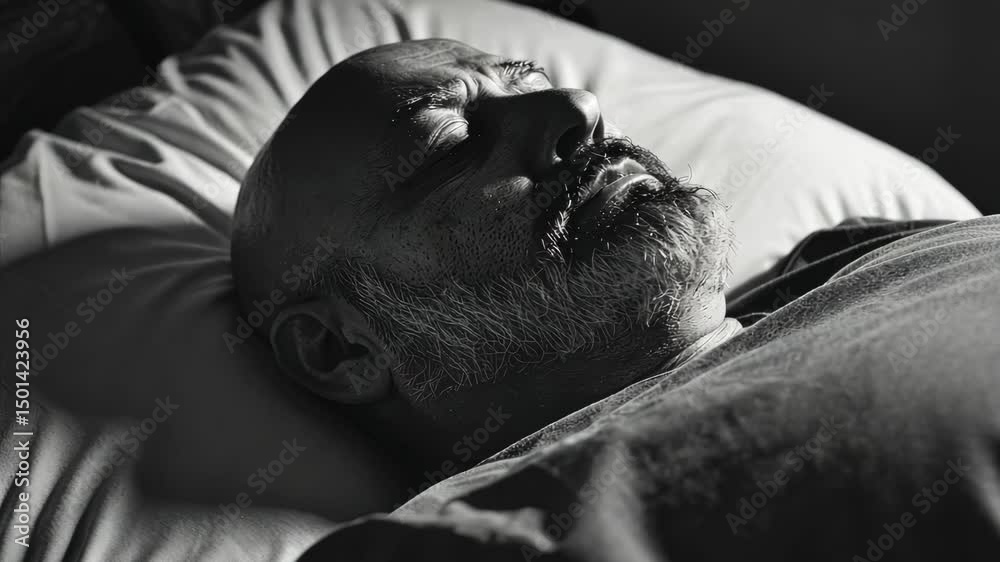 A bearded man in a room with soft lighting, appearing to be deep in thought or possibly dreaming. He has a full head of hair at the temples.