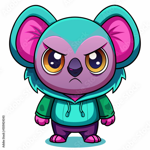 koala cyber , angry smart hood , chibi , Big Eyes  ,  white background , realistic , full body , plastic skins , art toy ,color full ,  candy color