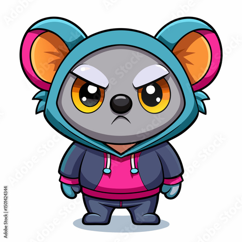 koala cyber , angry smart hood , chibi , Big Eyes  ,  white background , realistic , full body , plastic skins , art toy ,color full ,  candy color