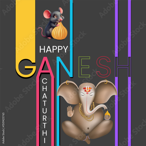 Creative Vector of Lord Ganesha with Cute Mouse Holding Modak  Colorful Ganesh Chaturthi Typography on Dark Background for Greeting Cards and Social Media Use