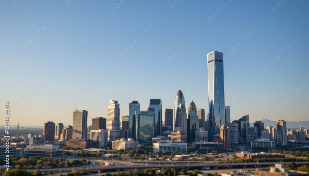 Obraz premium City skyline at sunset dallas aerial view urban landscape clear sky modern architecture for seo impact