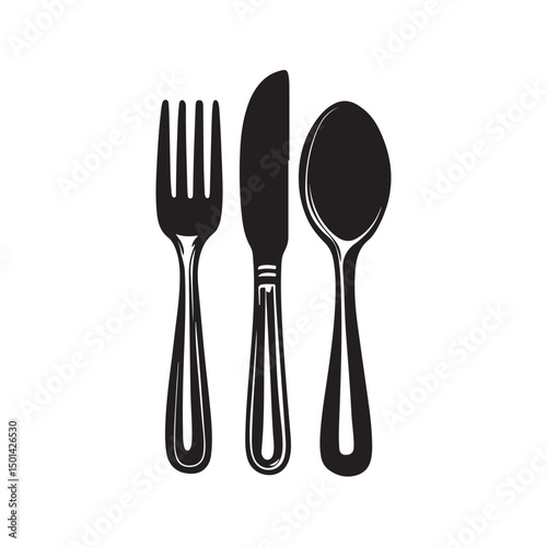 Vector silhouette illustration of cutlery set including spoon, fork, and knife. Clean and simple design ideal for use in restaurant menus isolated on white background.
