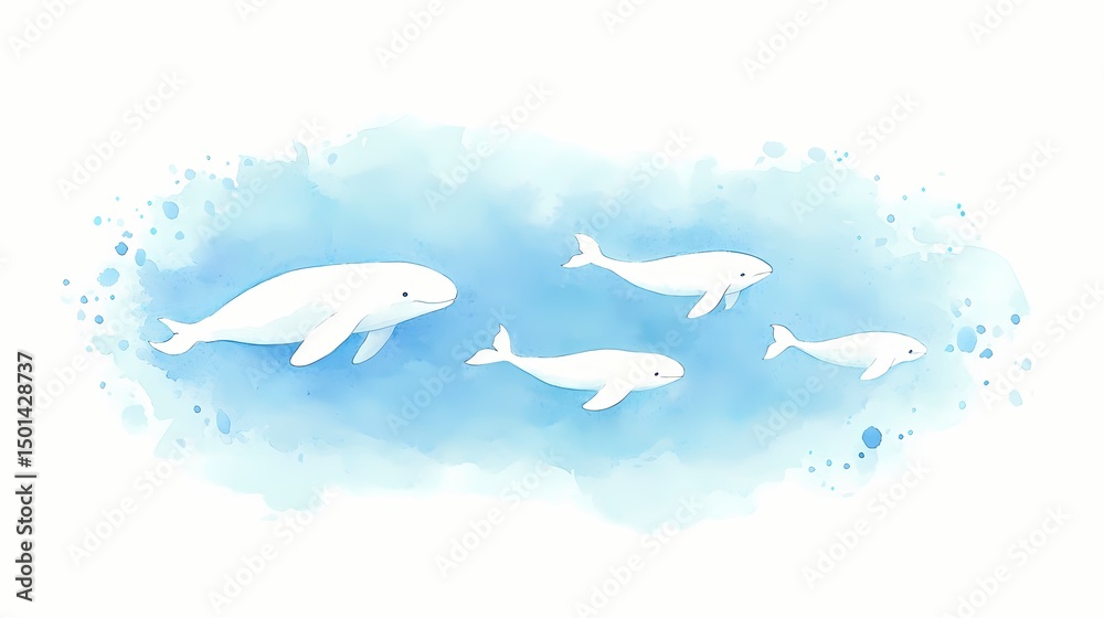 Naklejka premium Adorable Beluga Whale Family Swimming in Ocean Watercolor Illustration. Perfect for children's books, marine life themes, and nature inspired designs.