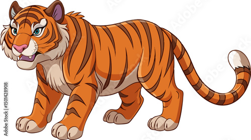 20.05.25 tgr 1.epsThe appeal of this illustration. A majestic cartoon tiger stands tall in this image, featuring a striking combination of orange and black, complemented by a pair of eye-catching gree