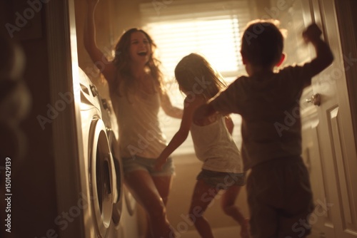 A mother and her children joyfully dance in the laundry room, celebrating a happy moment.