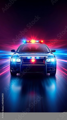 Police car speeding, night, lights, emergency